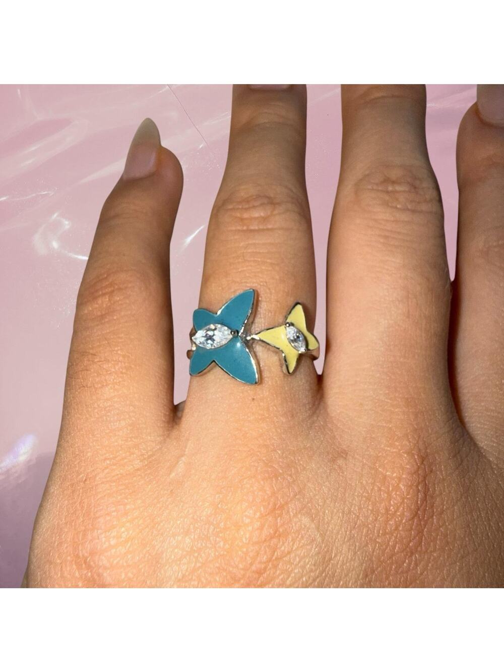 Y2K whimsy fairy core Blue and butter yellow butterfly 925 Sterling Silver ring